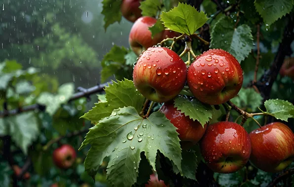 Leaves, drops, branches, nature, rain, apples, red, AI art