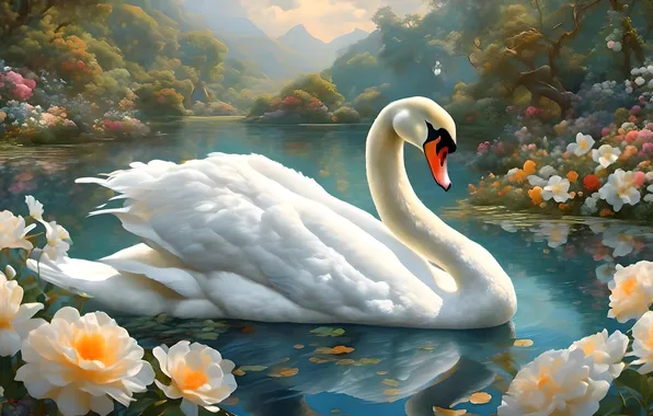 White, light, flowers, mountains, lake, bird, Swan, imitation painting