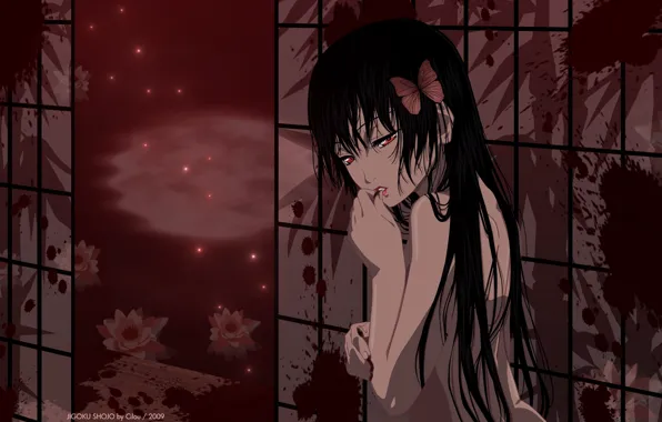 Picture night, loneliness, blood, spot, red eyes, black hair, madness, Enma Ai