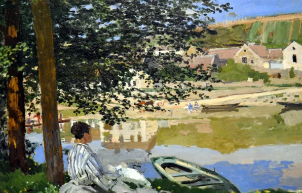 Picture girl, landscape, boat, picture, Claude Monet, The Seine at Bennecourt