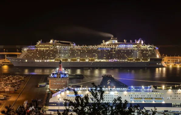 Night, the city, pier, liners