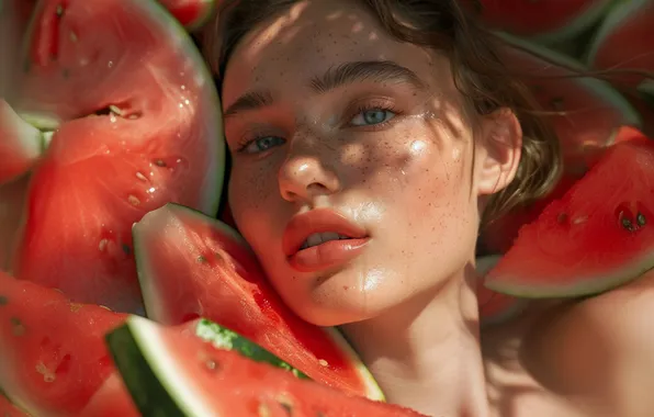 Summer, look, girl, light, face, pose, portrait, watermelon