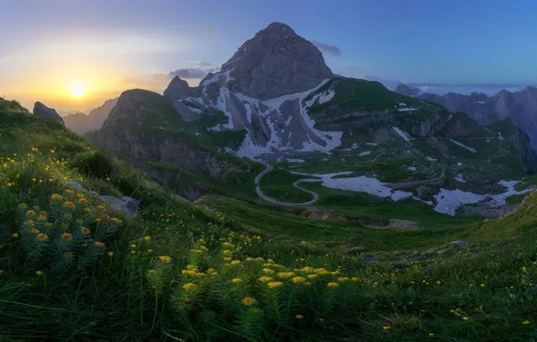 Road, flowers, mountains, sunrise, dawn, morning, valley, top