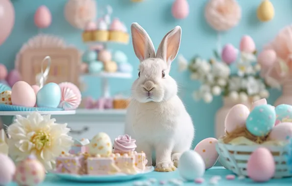 White, flowers, table, holiday, hare, eggs, bouquet, spring