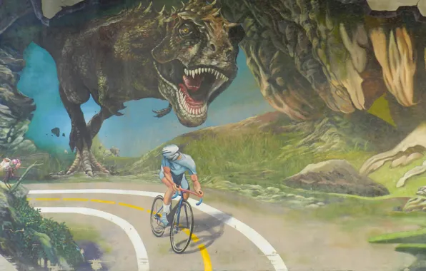 Road, dinosaur, chase, cyclist, Tyrannosaurus