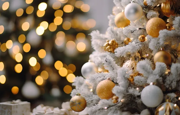 Decoration, background, balls, tree, New Year, Christmas, golden, new year