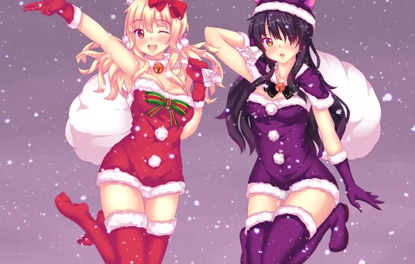 Snow, girls, gifts, bag, neko, bell, ears, anime