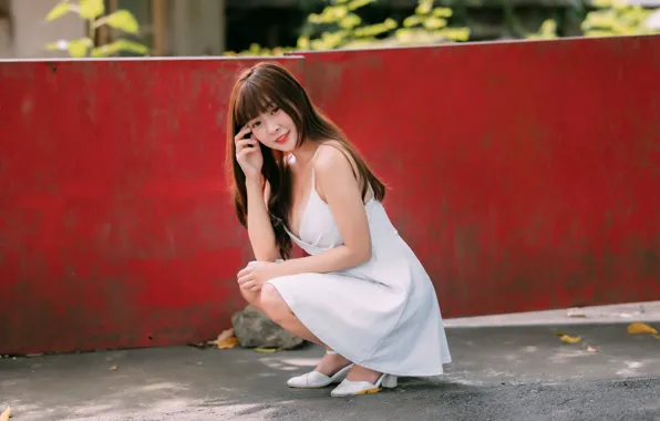 Picture smile, street, neckline, Asian, cleavage, white dress, gesture, smile