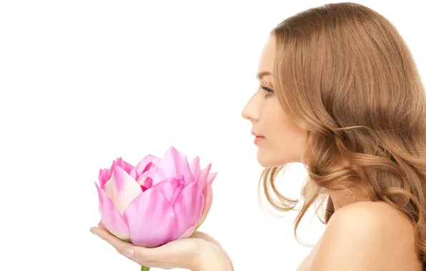 Girl, flowers, Lotus, blonde, curls