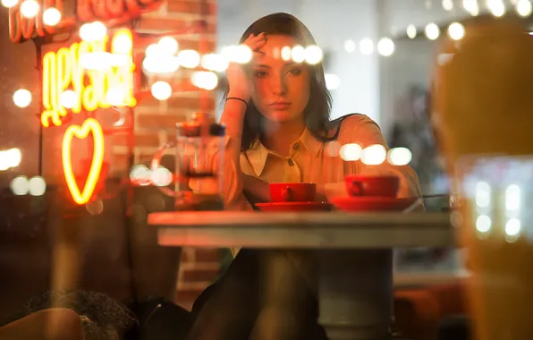 Picture blouse, model, chair, women, bokeh, window, brunette, coffee