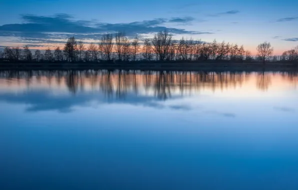 Picture the sky, water, clouds, sunset, lake, surface, reflection, blue
