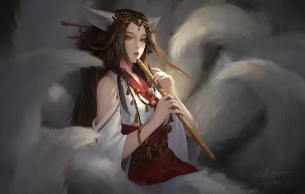 Girl, tail, flute, ears