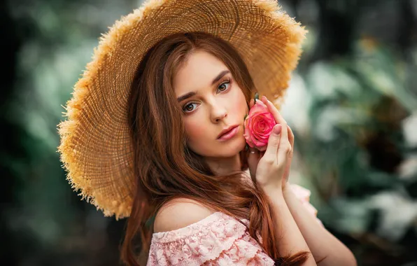 Picture look, girl, nature, portrait, roses, hat, Olga Boyko