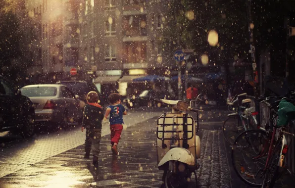 Summer, asphalt, drops, children, rain, mood, Wallpaper, street