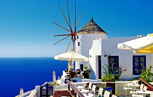 Picture sea, nature, the city, chairs, home, Santorini, Greece, tables