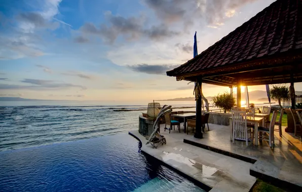 House, sunset, sea view