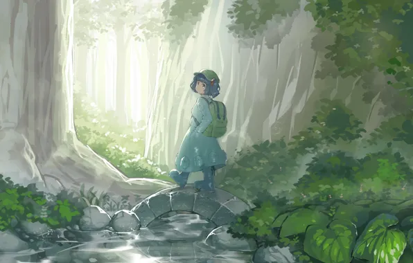 Forest, girl, river, the bridge, Touhou Project, Kawashiro Nitori