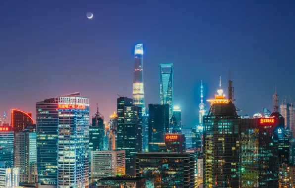 The sky, night, lights, city, the moon, horizon, China, Shanghai
