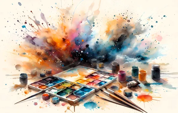 Color, the explosion, squirt, paint, tube, jars, palette, brushes