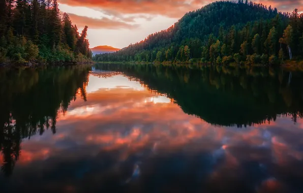 Autumn, forest, clouds, light, mountains, lake, reflection, shore