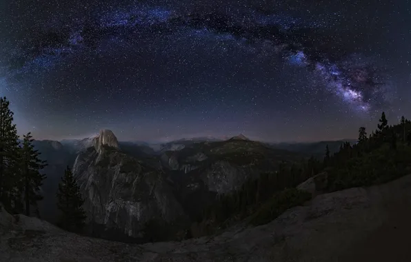 Forest, stars, mountains, night, open, rocks, view, dal