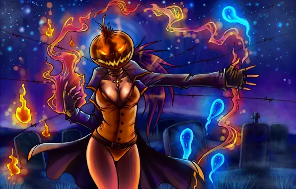 Girl, night, fire, holiday, bring, pumpkin, Halloween, halloween