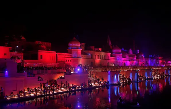 Night, lights, India, river Barn, Ayodhya