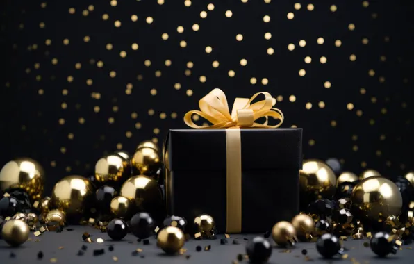 Balls, the dark background, gift, Christmas, gifts, New year, black background, gold plated