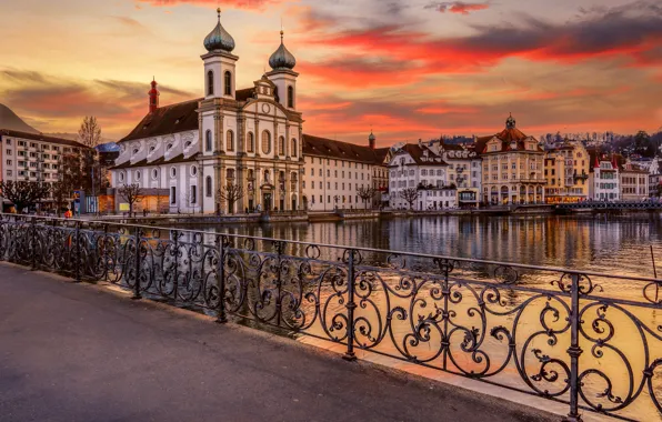 Picture the city, lake, building, the evening, Switzerland, Lucerne