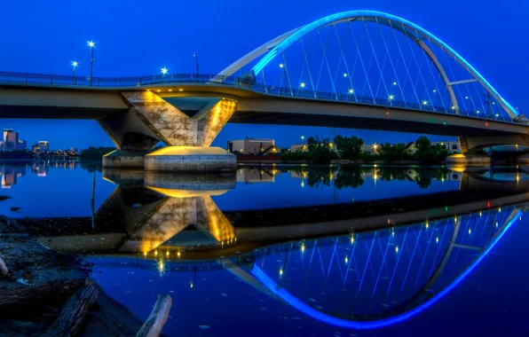 Night, bridge, lights, river, construction, lights, USA, Minnesota