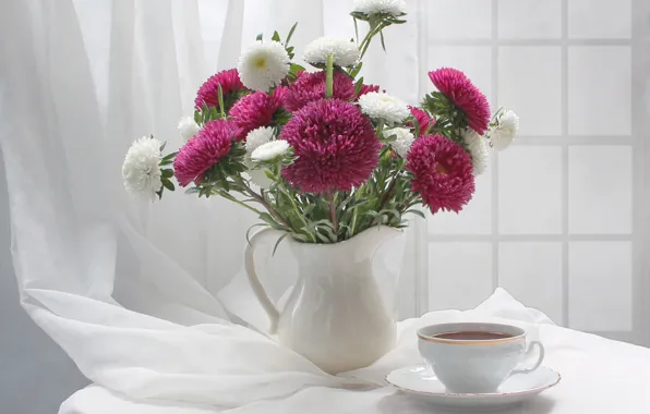 Flowers, table, Cup, white, vase, drink, still life, curtain