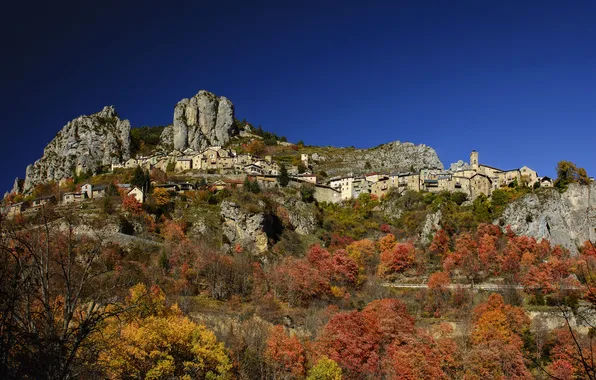Autumn, mountains, rocks, France, home, Roubion