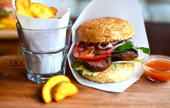 Sauce, Patty, roll, fast food, potatoes, Burger