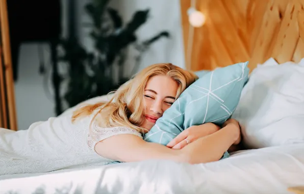 Girl, joy, smile, pillow, bed, Maxim Grachev