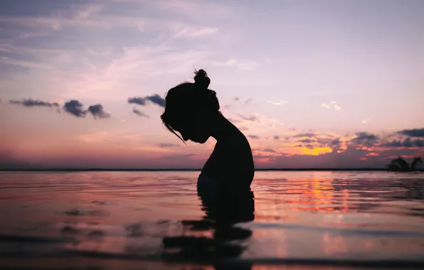 Water, girl, calm, silhouette, peace