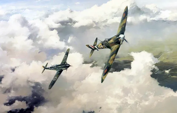 Figure, art, Spitfire, Bf-109, Robert Taylor, duel of eagles