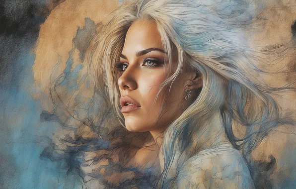 Look, girl, face, portrait, blonde, flowing hair, imitation painting, AI art