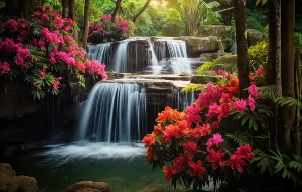 Summer, trees, flowers, stones, rocks, shore, waterfall, red