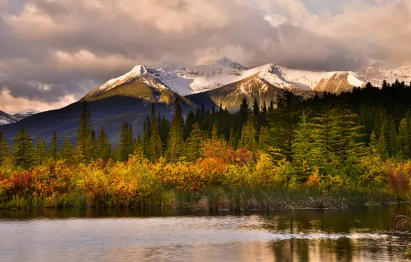 Autumn, forest, clouds, trees, mountains, lake, Canada, Albert