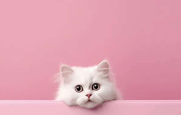 Cat, white, look, pose, kitty, baby, face, pink background