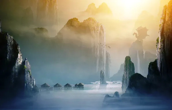 Picture mountains, bird, dragon, village, Bay, MistyMountains