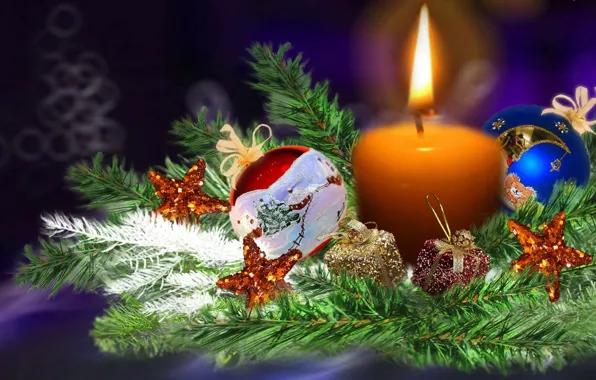 Decoration, fire, balls, tree, candle, Christmas, New year, tree