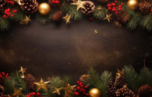 Stars, balls, branches, berries, the dark background, Shine, sequins, fruit