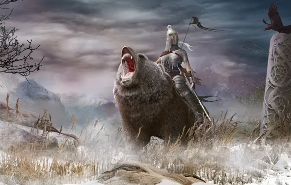 Picture the sky, grass, look, girl, clouds, snow, mountains, weapons