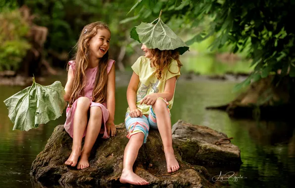 Summer, leaves, joy, nature, children, stones, girls, the game