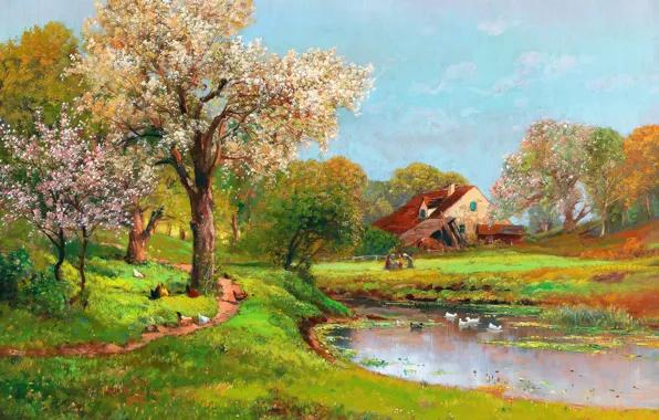 Trees, House, Pond, Picture, Alois Arnegger, Duck, Alois Arnegger, Austrian painter