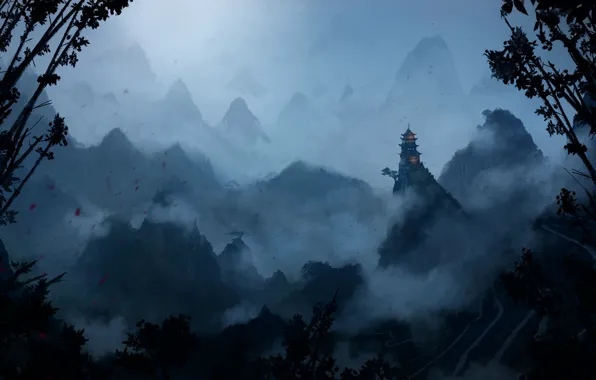 Landscape, mountains, fog, castle, rocks, hills, Asia, view