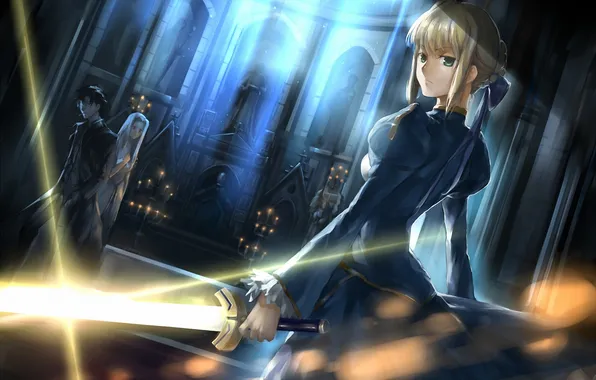 Weapons, girls, sword, candles, temple, guy, the reflection, saber
