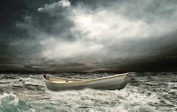 Picture sea, wave, clouds, boat, bad weather