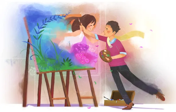 Girl, art, artist, guy, canvas